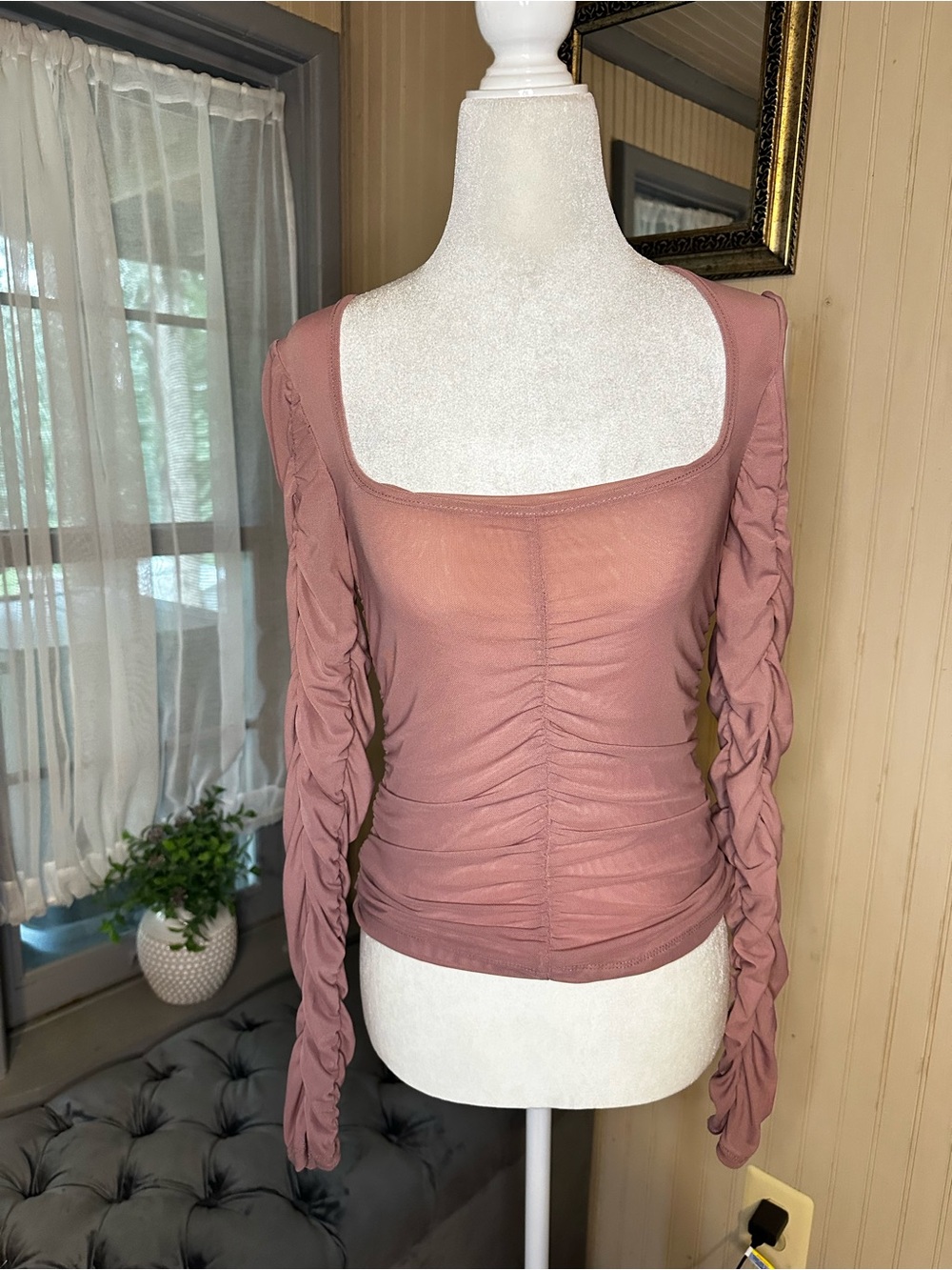 Anthropologie By Anthropologie Ruched Mesh Top S Mauve Square Neck Y2K